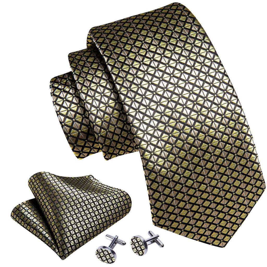 Yellow Black Plaid Silk Tie, Pocket Square and Cufflinks Set tie sets    - Sophisticated Gentlemen