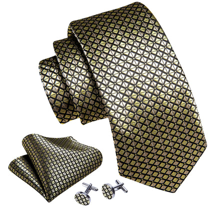 Yellow Black Plaid Silk Tie, Pocket Square and Cufflinks Set tie sets    - Sophisticated Gentlemen