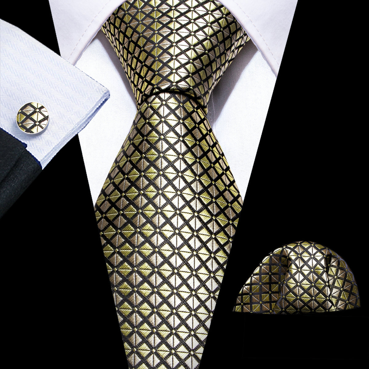 Yellow Black Plaid Silk Tie, Pocket Square and Cufflinks Set tie sets    - Sophisticated Gentlemen