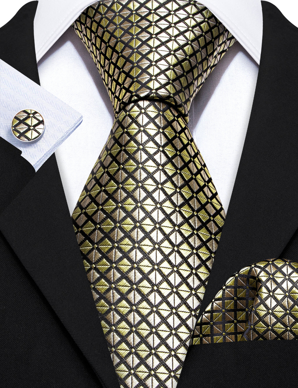 Yellow Black Plaid Silk Tie, Pocket Square and Cufflinks Set tie sets    - Sophisticated Gentlemen