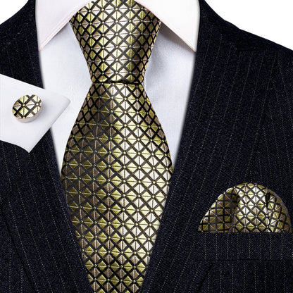 Yellow Black Plaid Silk Tie, Pocket Square and Cufflinks Set tie sets    - Sophisticated Gentlemen