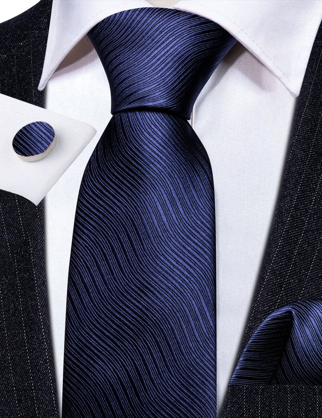 Navy Blue Wave Solid Tie, Pocket Square and Cufflinks Set tie sets    - Sophisticated Gentlemen