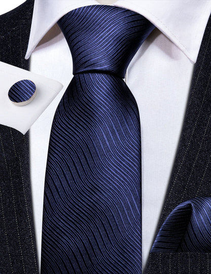 Navy Blue Wave Solid Tie, Pocket Square and Cufflinks Set tie sets    - Sophisticated Gentlemen