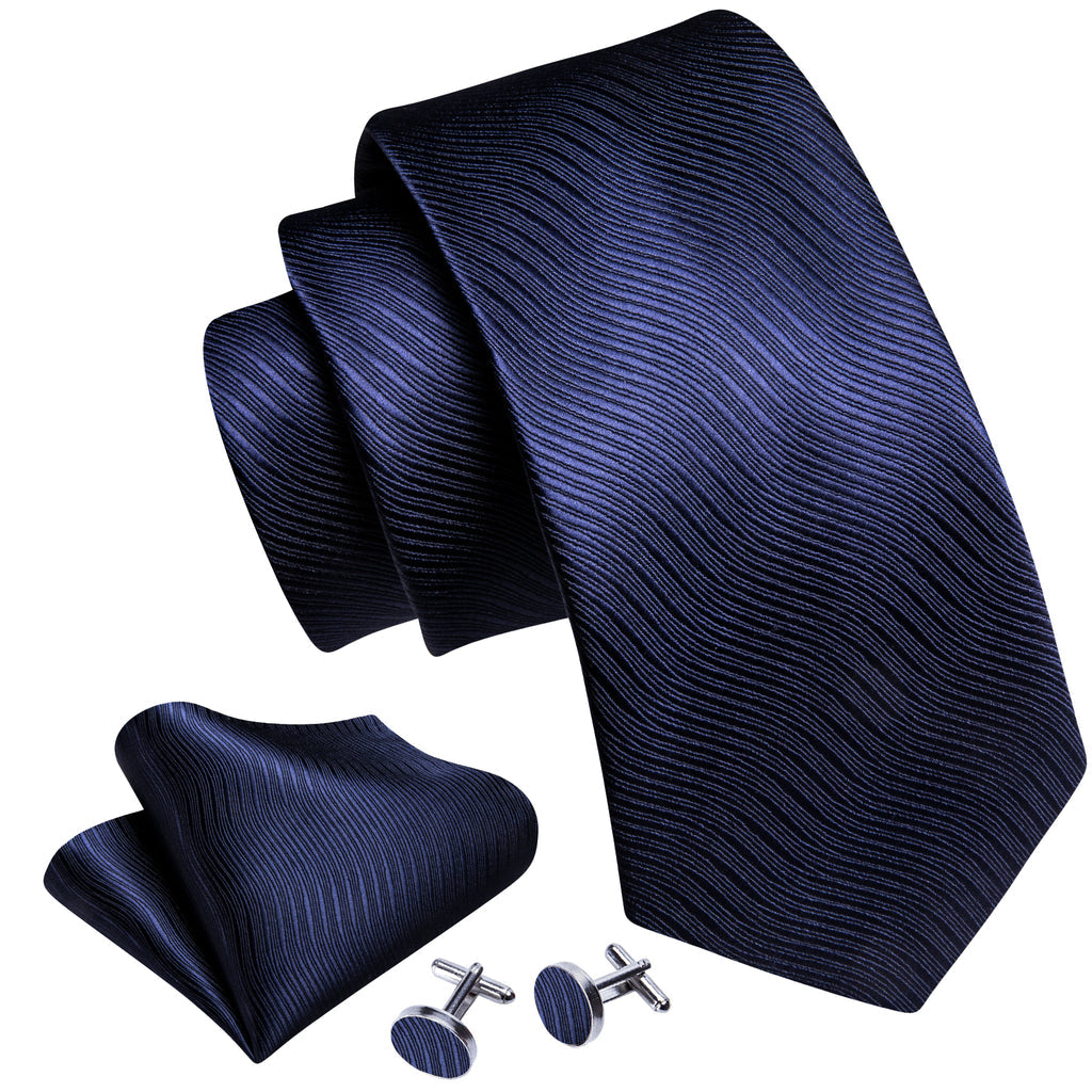 Navy Blue Wave Solid Tie, Pocket Square and Cufflinks Set tie sets    - Sophisticated Gentlemen