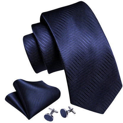 Navy Blue Wave Solid Tie, Pocket Square and Cufflinks Set tie sets    - Sophisticated Gentlemen