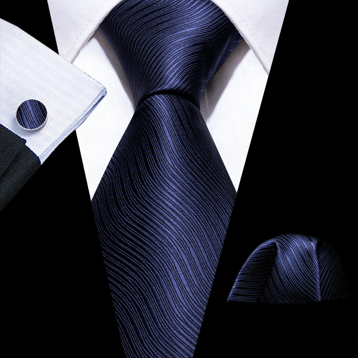 Navy Blue Wave Solid Tie, Pocket Square and Cufflinks Set tie sets    - Sophisticated Gentlemen