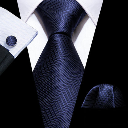 Navy Blue Wave Solid Tie, Pocket Square and Cufflinks Set tie sets    - Sophisticated Gentlemen