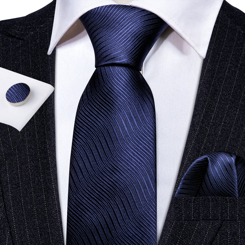 Navy Blue Wave Solid Tie, Pocket Square and Cufflinks Set tie sets    - Sophisticated Gentlemen