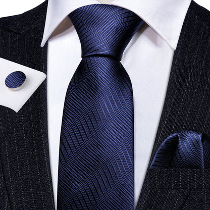Navy Blue Wave Solid Tie, Pocket Square and Cufflinks Set tie sets    - Sophisticated Gentlemen