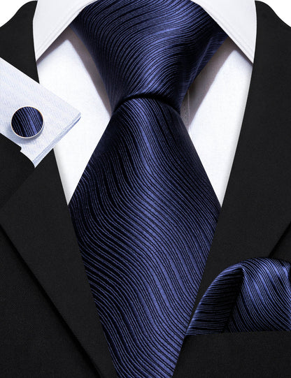 Navy Blue Wave Solid Tie, Pocket Square and Cufflinks Set tie sets    - Sophisticated Gentlemen