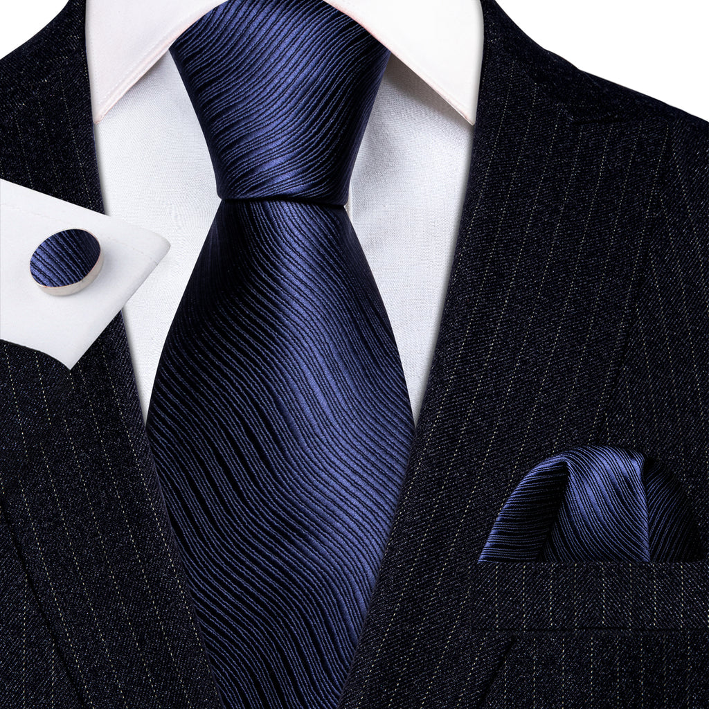 Navy Blue Wave Solid Tie, Pocket Square and Cufflinks Set tie sets    - Sophisticated Gentlemen