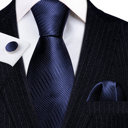 Navy Blue Wave Solid Tie, Pocket Square and Cufflinks Set tie sets    - Sophisticated Gentlemen