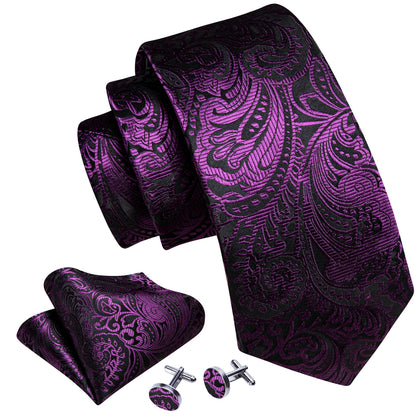 Luxury Purple Black Silk Tie, Pocket Square and Cufflinks Set tie sets    - Sophisticated Gentlemen