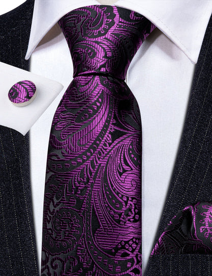Luxury Purple Black Silk Tie, Pocket Square and Cufflinks Set tie sets    - Sophisticated Gentlemen