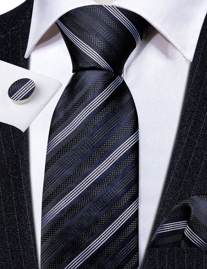 Black Gray Striped Silk Tie, Pocket Square and Cufflinks Set tie sets    - Sophisticated Gentlemen