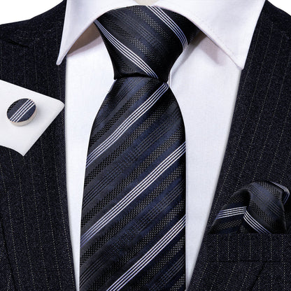 Black Gray Striped Silk Tie, Pocket Square and Cufflinks Set tie sets    - Sophisticated Gentlemen