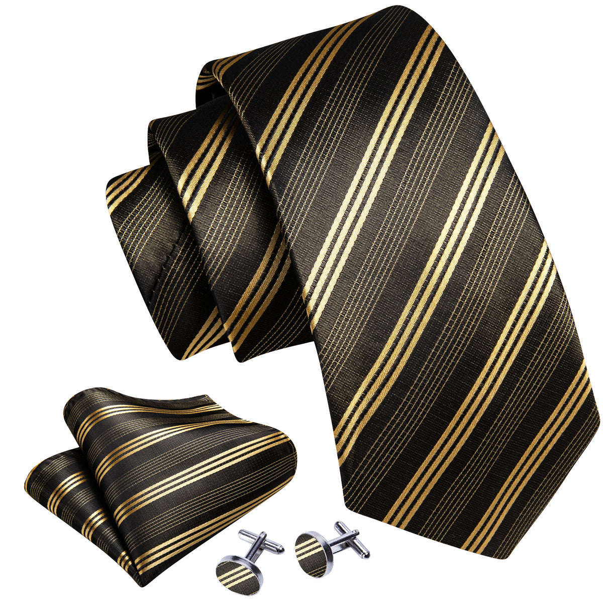 Green Gold Striped Silk Tie, Pocket Square and Cufflinks Set tie sets    - Sophisticated Gentlemen