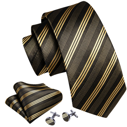 Green Gold Striped Silk Tie, Pocket Square and Cufflinks Set tie sets    - Sophisticated Gentlemen