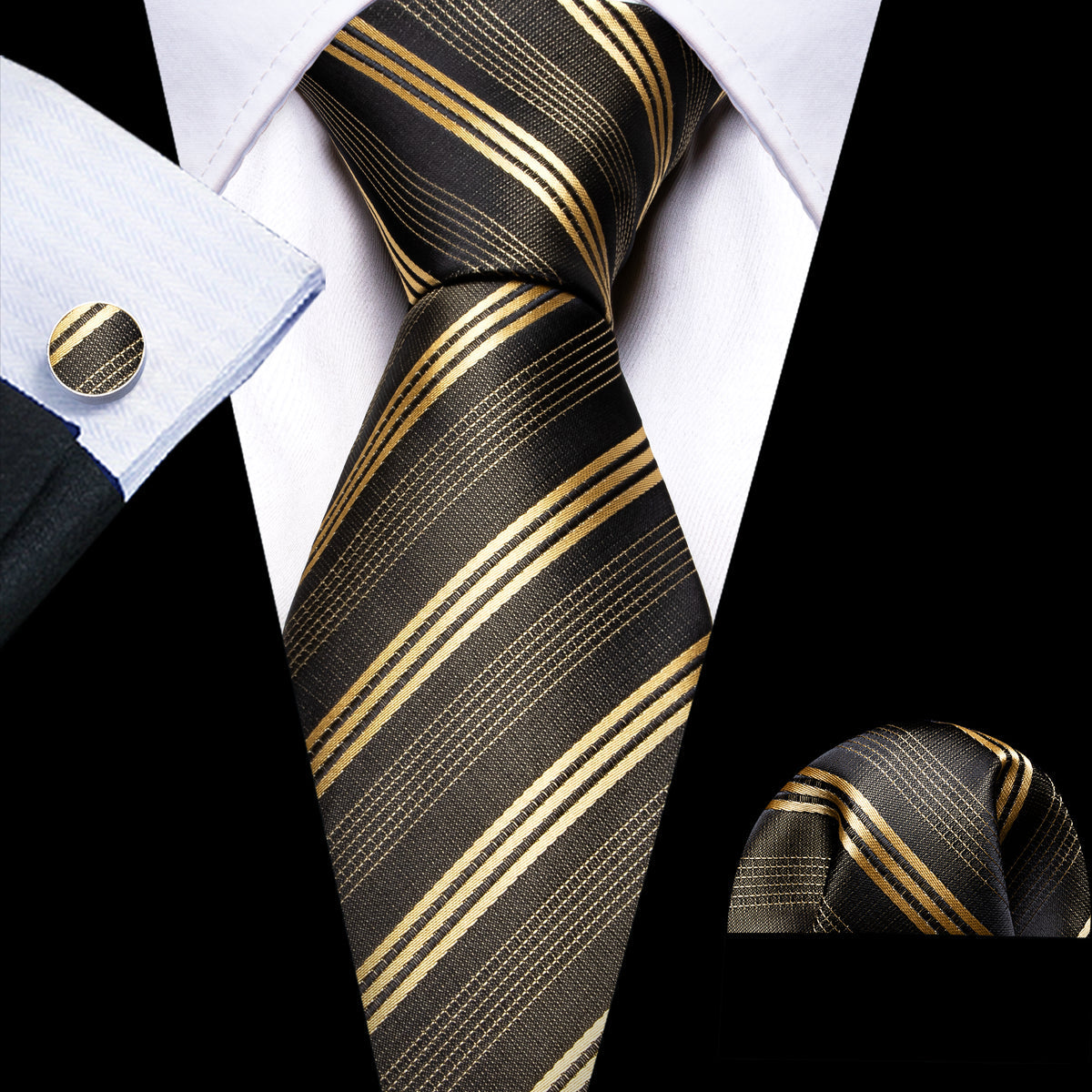 Green Gold Striped Silk Tie, Pocket Square and Cufflinks Set tie sets    - Sophisticated Gentlemen