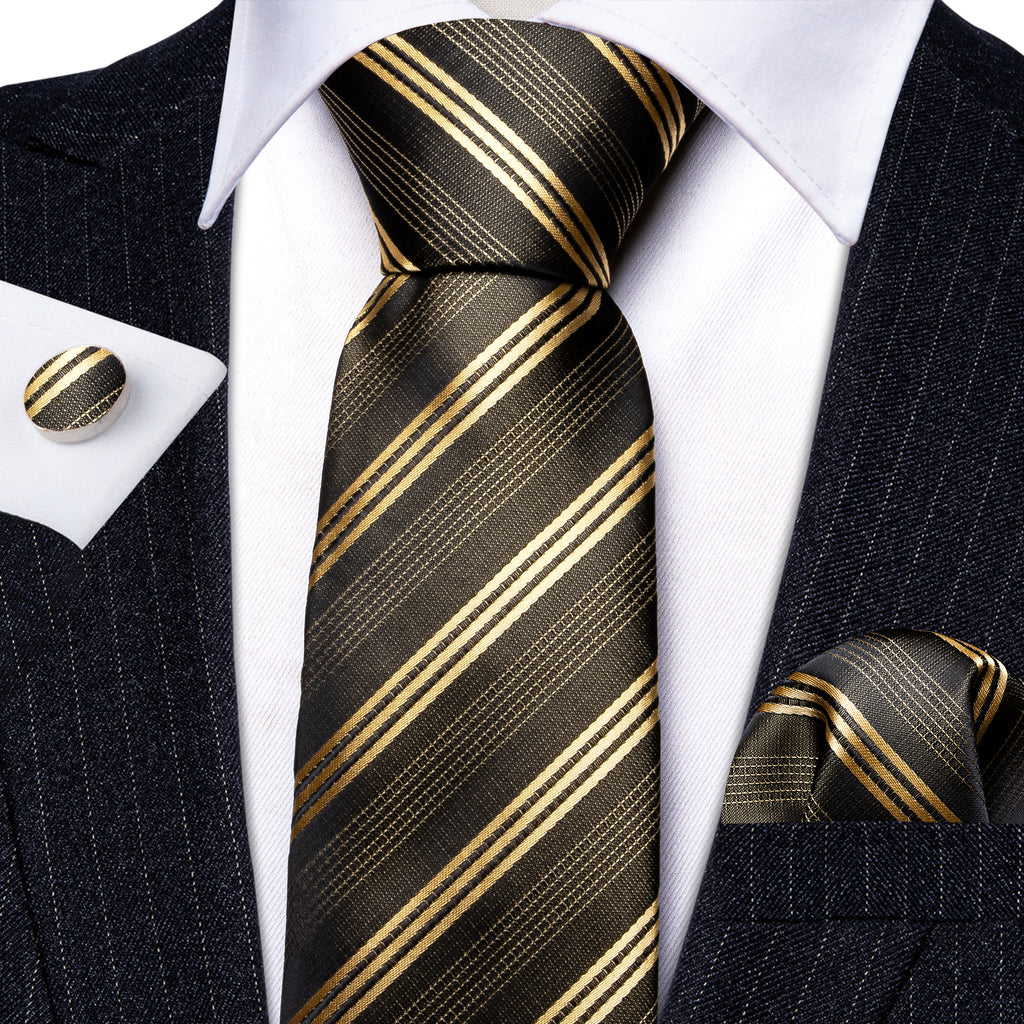 Green Gold Striped Silk Tie, Pocket Square and Cufflinks Set tie sets    - Sophisticated Gentlemen