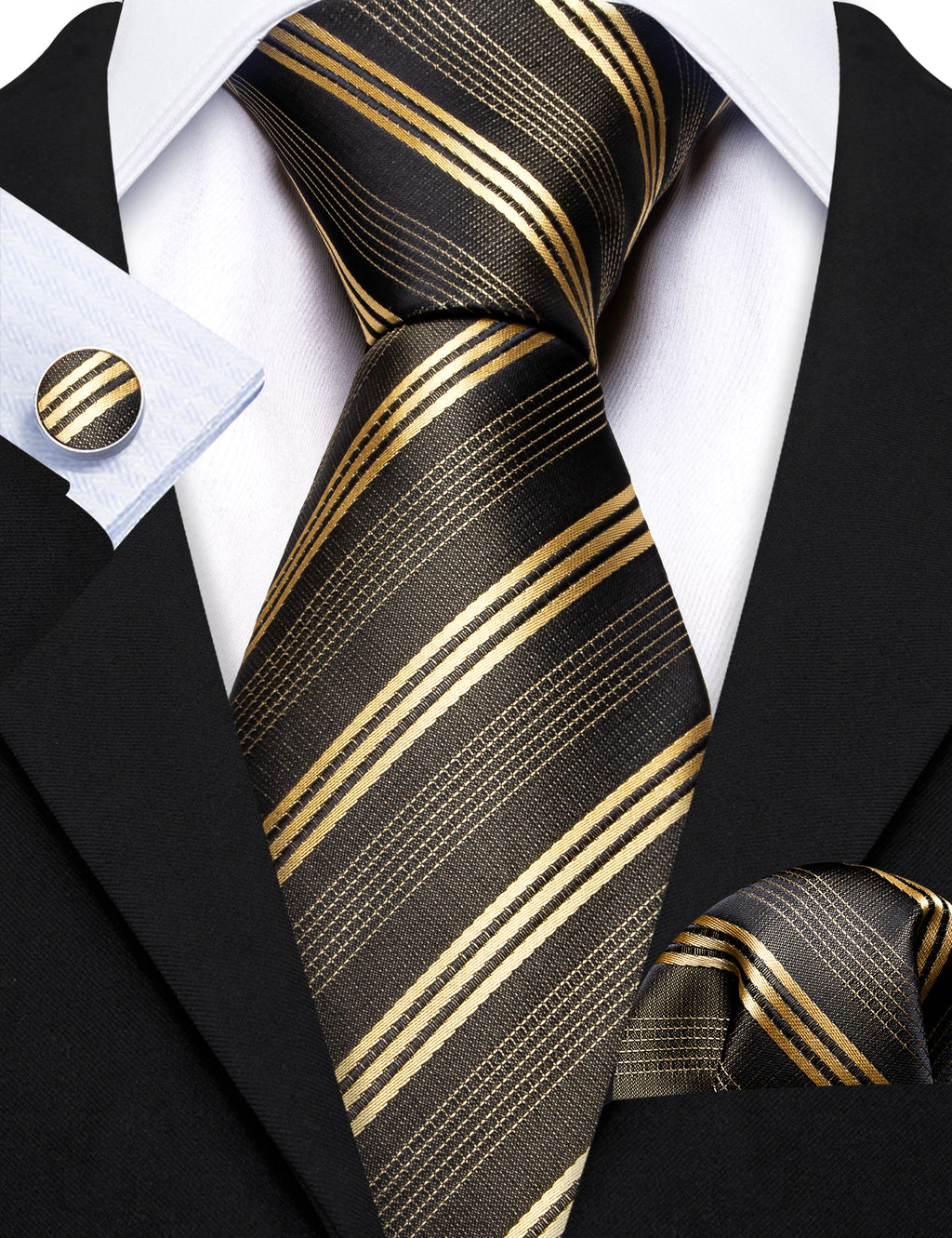 Green Gold Striped Silk Tie, Pocket Square and Cufflinks Set tie sets    - Sophisticated Gentlemen
