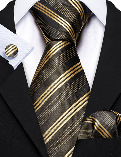 Green Gold Striped Silk Tie, Pocket Square and Cufflinks Set tie sets    - Sophisticated Gentlemen
