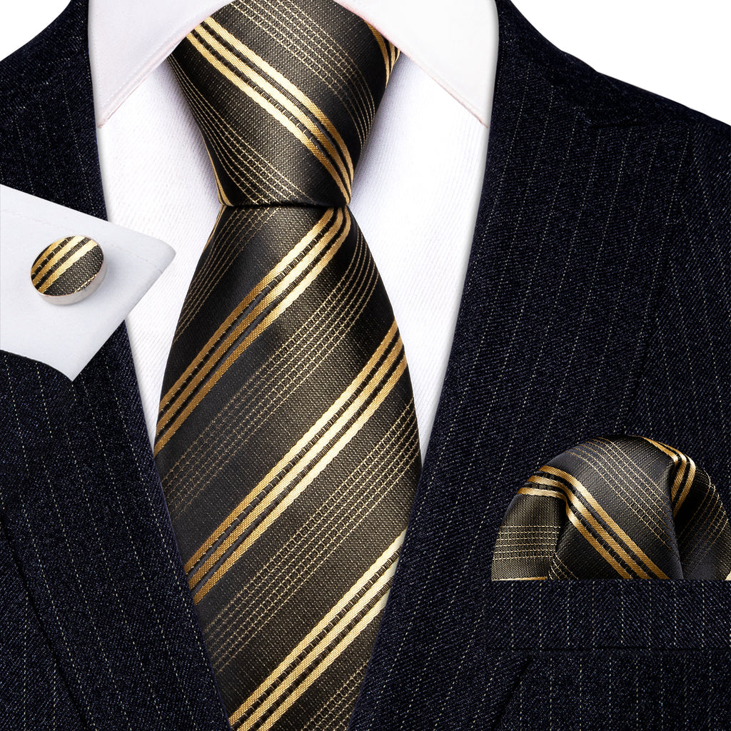 Green Gold Striped Silk Tie, Pocket Square and Cufflinks Set tie sets    - Sophisticated Gentlemen