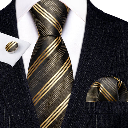 Green Gold Striped Silk Tie, Pocket Square and Cufflinks Set tie sets    - Sophisticated Gentlemen