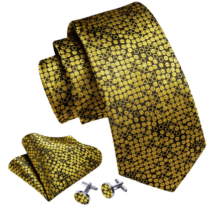 Gold Black Round Silk Tie, Pocket Square and Cufflinks Set tie sets    - Sophisticated Gentlemen