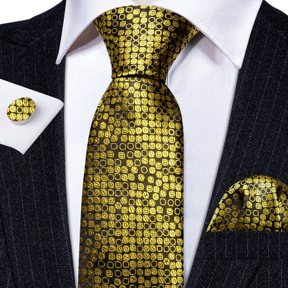 Gold Black Round Silk Tie, Pocket Square and Cufflinks Set tie sets    - Sophisticated Gentlemen