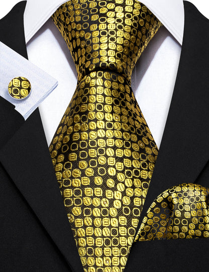 Gold Black Round Silk Tie, Pocket Square and Cufflinks Set tie sets    - Sophisticated Gentlemen