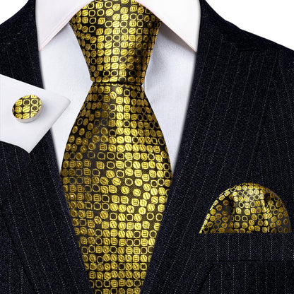 Gold Black Round Silk Tie, Pocket Square and Cufflinks Set tie sets    - Sophisticated Gentlemen