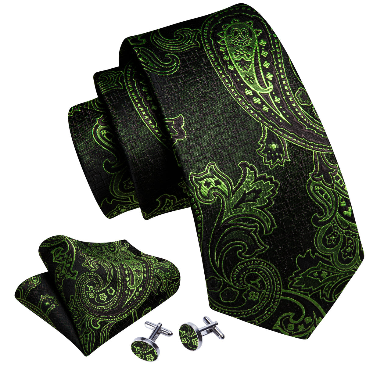 Green Brown Paisley Silk Tie, Pocket Square and Cufflinks Set tie sets    - Sophisticated Gentlemen