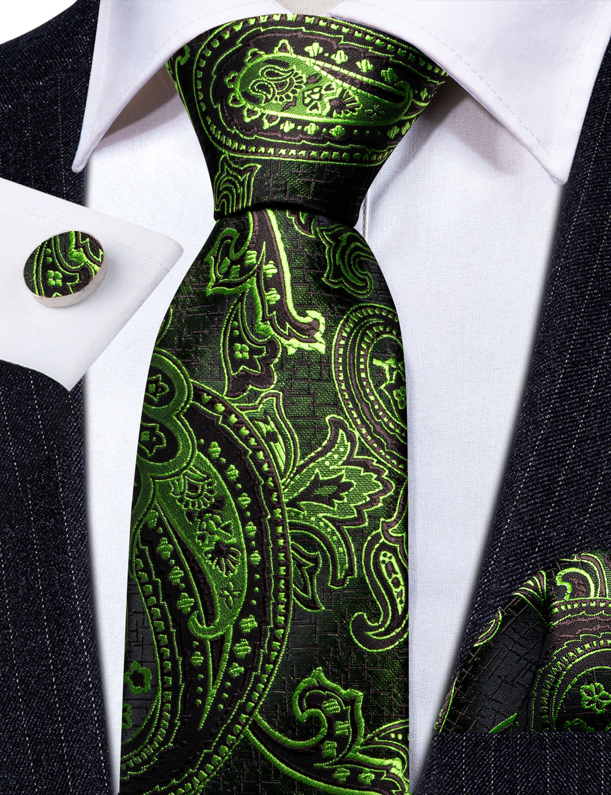 Green Brown Paisley Silk Tie, Pocket Square and Cufflinks Set tie sets    - Sophisticated Gentlemen