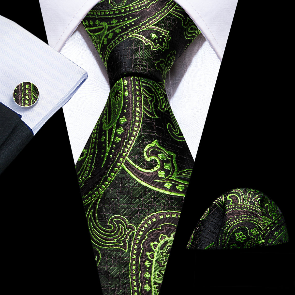 Green Brown Paisley Silk Tie, Pocket Square and Cufflinks Set tie sets    - Sophisticated Gentlemen