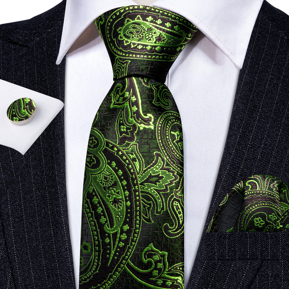 Green Brown Paisley Silk Tie, Pocket Square and Cufflinks Set tie sets    - Sophisticated Gentlemen