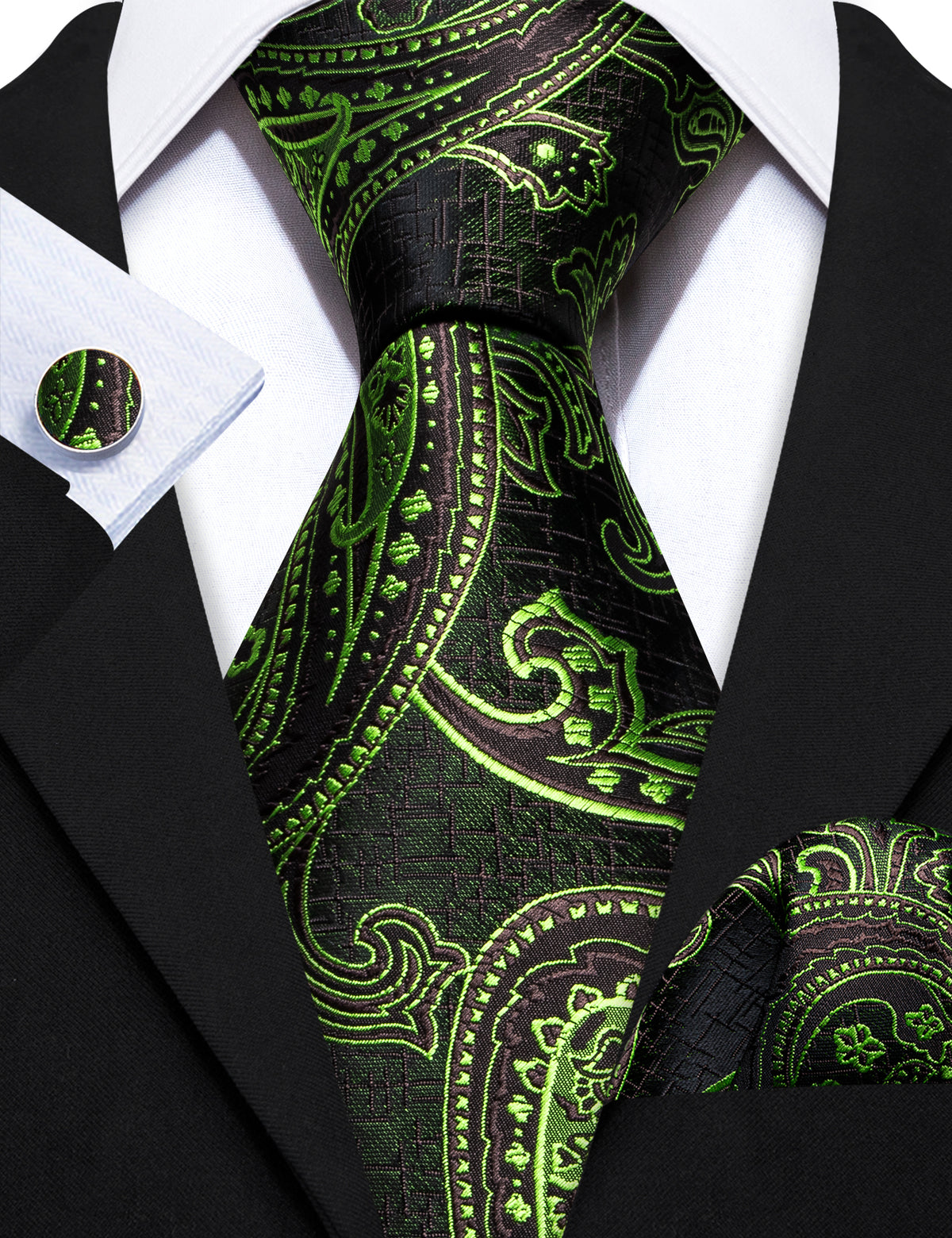 Green Brown Paisley Silk Tie, Pocket Square and Cufflinks Set tie sets    - Sophisticated Gentlemen