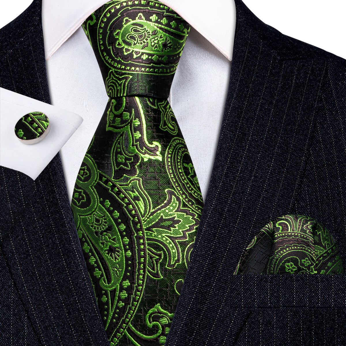 Green Brown Paisley Silk Tie, Pocket Square and Cufflinks Set tie sets    - Sophisticated Gentlemen