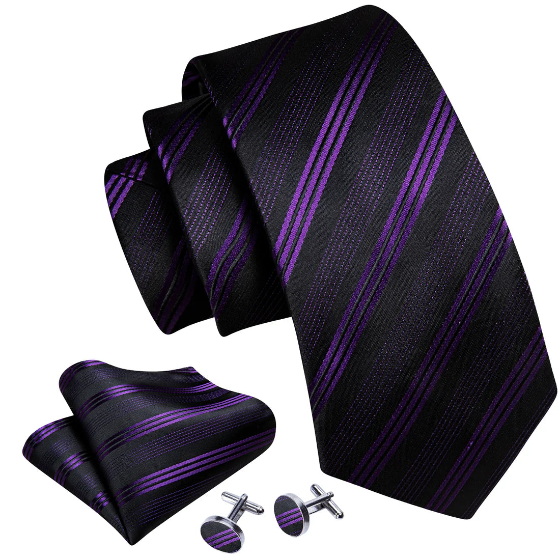 Black & Purple Striped Tie, Pocket Square & Cufflinks Set tie sets - Sophisticated Gentlemen