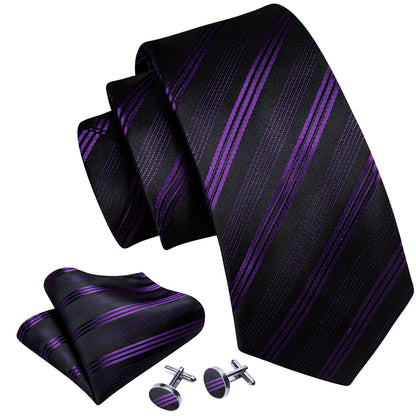 Black & Purple Striped Tie, Pocket Square & Cufflinks Set tie sets - Sophisticated Gentlemen