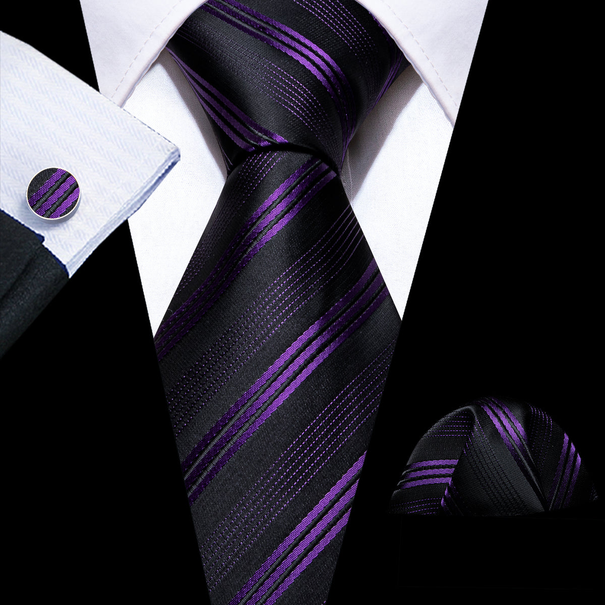 Black Purple Striped Silk Tie, Pocket Square and Cufflinks Set tie sets    - Sophisticated Gentlemen