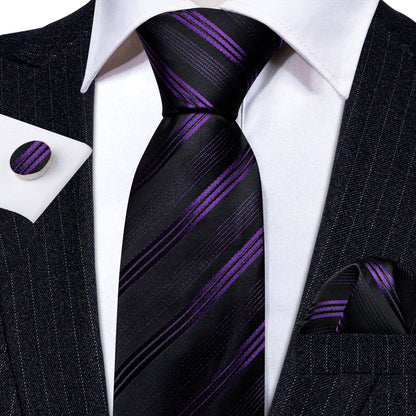 Black Purple Striped Silk Tie, Pocket Square and Cufflinks Set tie sets    - Sophisticated Gentlemen