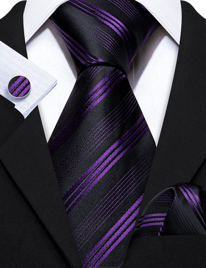 Black Purple Striped Silk Tie, Pocket Square and Cufflinks Set tie sets    - Sophisticated Gentlemen