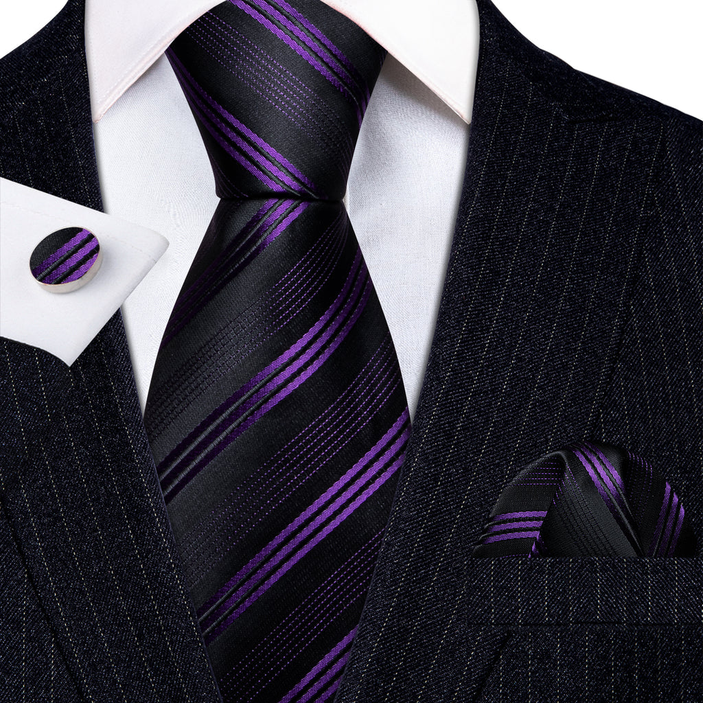 Black Purple Striped Silk Tie, Pocket Square and Cufflinks Set tie sets    - Sophisticated Gentlemen