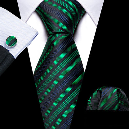 Black Green Blue Jacquard Striped Silk Tie, Pocket Square and Cufflinks Set tie sets    - Sophisticated Gentlemen