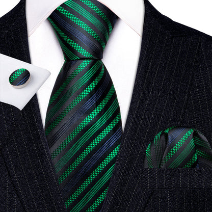 Black Green Blue Jacquard Striped Silk Tie, Pocket Square and Cufflinks Set tie sets    - Sophisticated Gentlemen