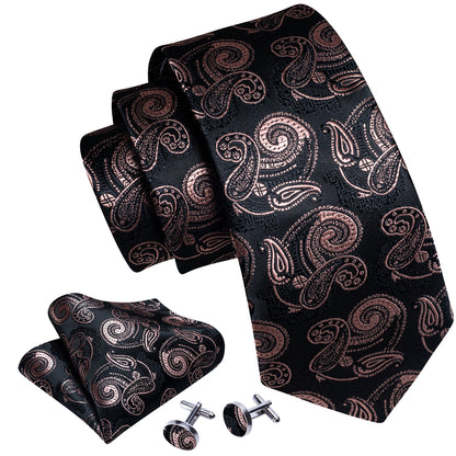 Black Brown Paisley Tie, Pocket Square and Cufflinks Set tie sets    - Sophisticated Gentlemen
