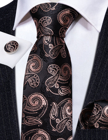Black Brown Paisley Tie, Pocket Square and Cufflinks Set tie sets    - Sophisticated Gentlemen