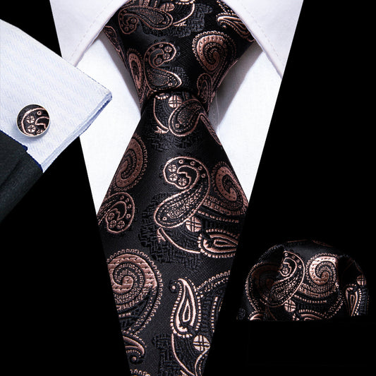 Black Brown Paisley Tie, Pocket Square and Cufflinks Set tie sets    - Sophisticated Gentlemen