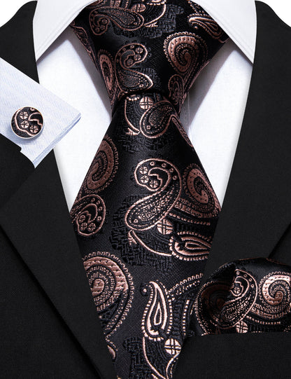 Black Brown Paisley Tie, Pocket Square and Cufflinks Set tie sets    - Sophisticated Gentlemen